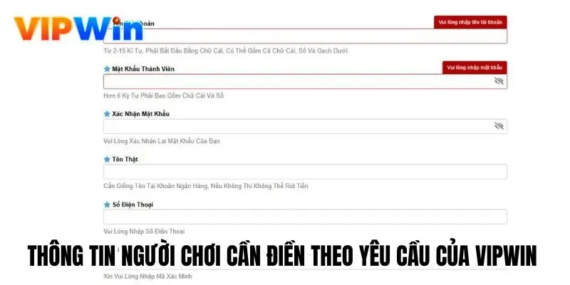 Thông tin người chơi cần điền theo yêu cầu của Vipwin 