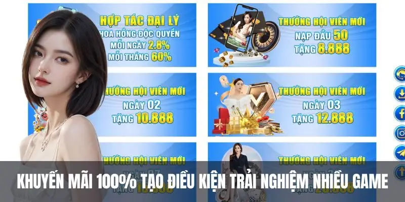 Khuyến mãi 100% tạo điều kiện trải nghiệm nhiều game