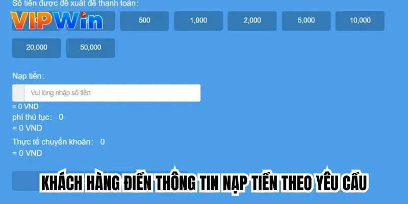 Khách hàng điền thông tin nạp tiền theo yêu cầu